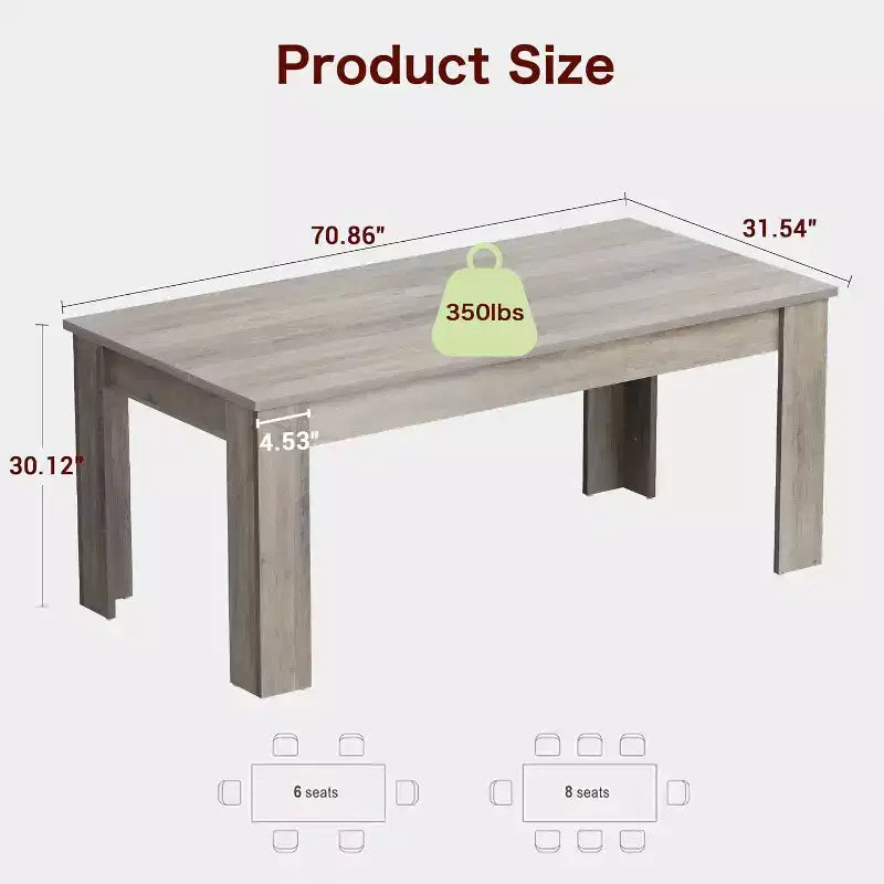 71 Rectangular Dining Table for 6-8, Farmhouse Wooden Table with Triangle Legs, for Dining Room or Apartment