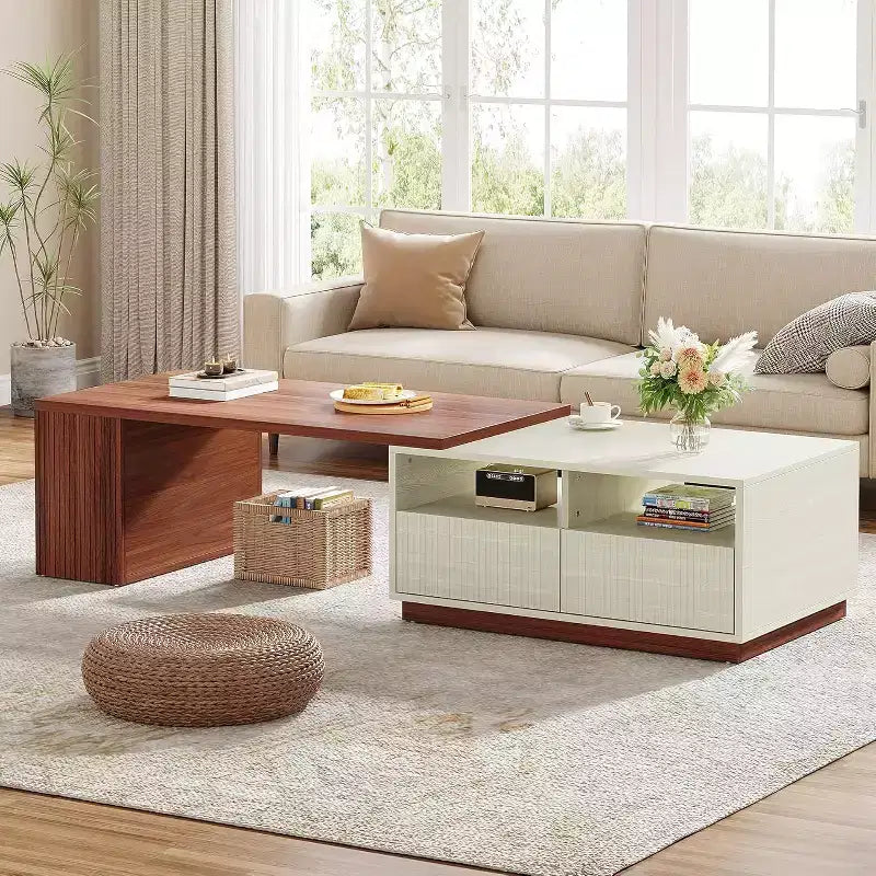 Lantine Extendable Coffee Table with 2 Storage Drawers, Reversible Living Room Table with Shelves and Adjustable Top (43 to 75 Adjustable Length)