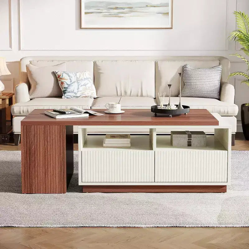 Extendable Coffee Table with 2 Storage Drawers, Reversible Living Room Table with Shelves and Adjustable Top (43 to 75 Adjustable Length)