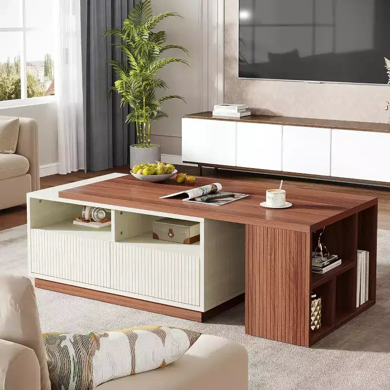 Extendable Coffee Table with 2 Storage Drawers, Reversible Living Room Table with Shelves and Adjustable Top (43 to 75 Adjustable Length)