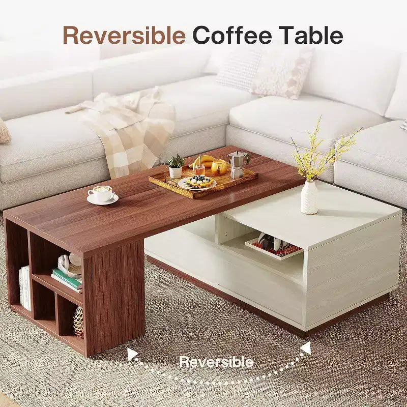 Extendable Coffee Table with 2 Storage Drawers, Reversible Living Room Table with Shelves and Adjustable Top (43 to 75 Adjustable Length)