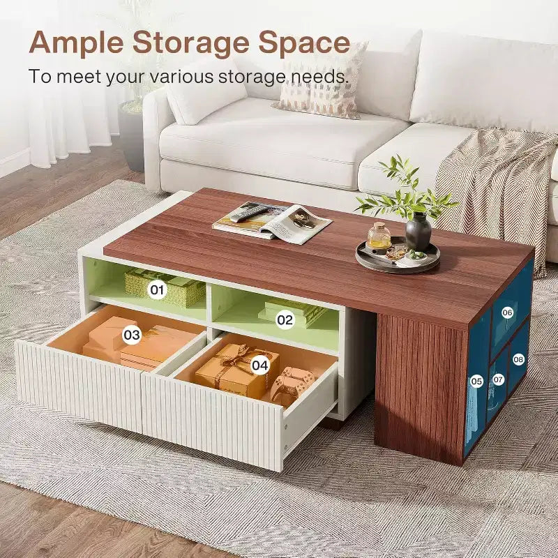 Extendable Coffee Table with 2 Storage Drawers, Reversible Living Room Table with Shelves and Adjustable Top (43 to 75 Adjustable Length)