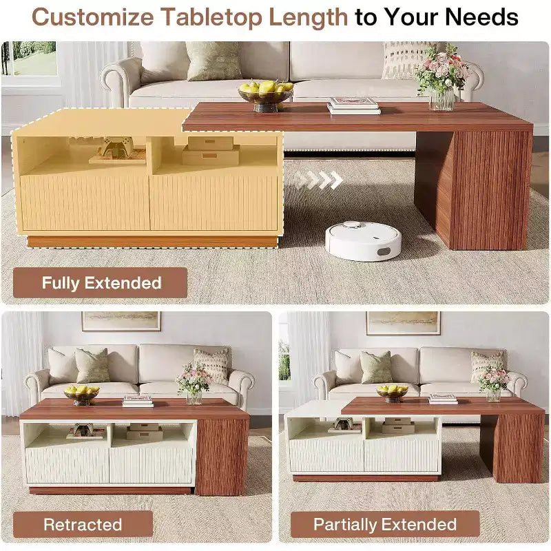 Extendable Coffee Table with 2 Storage Drawers, Reversible Living Room Table with Shelves and Adjustable Top (43 to 75 Adjustable Length)