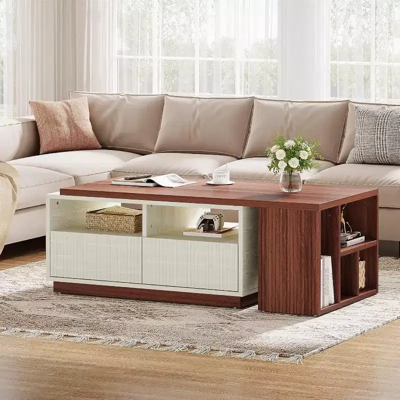 Extendable Coffee Table with 2 Storage Drawers, Reversible Living Room Table with Shelves and Adjustable Top (43 to 75 Adjustable Length)