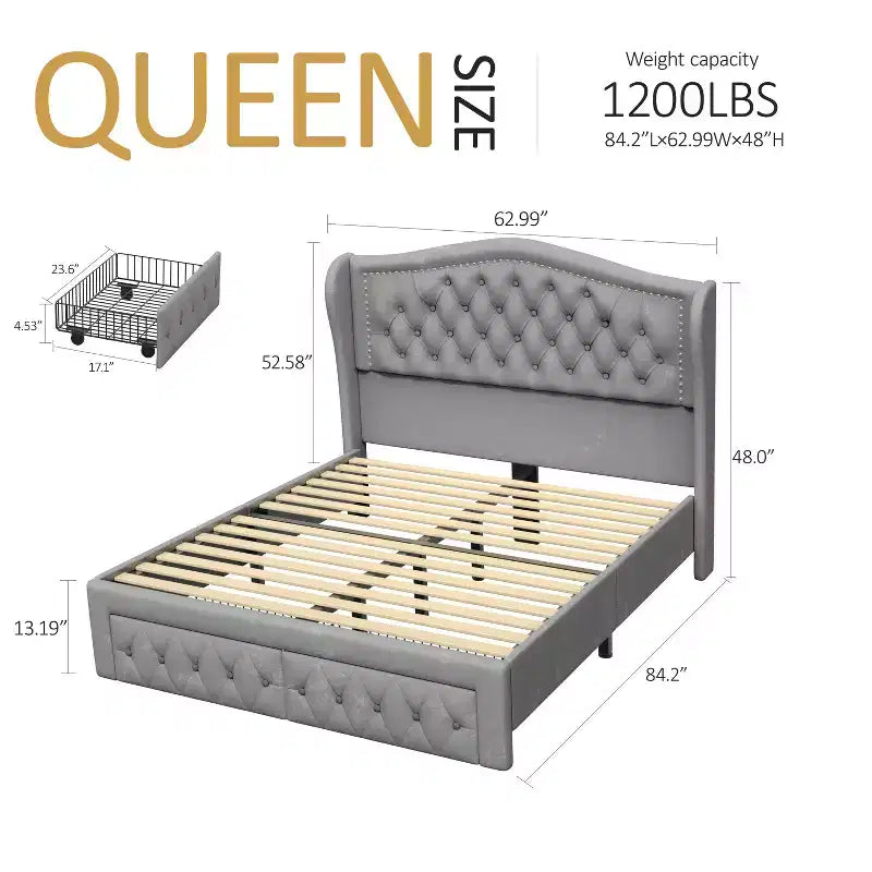 Queen Size Platform Bed Frame, Velvet Upholstered Bed with Deep Button Tufted & Nailhead Trim Wingback Headboard/No Box Spring Needed