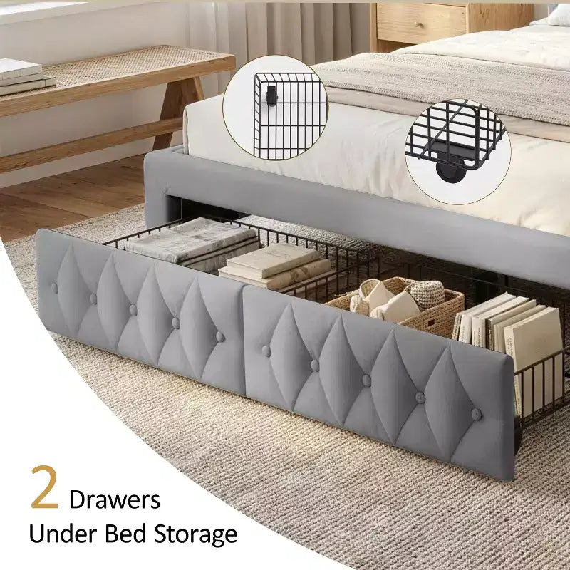 Queen Size Platform Bed Frame, Velvet Upholstered Bed with Deep Button Tufted & Nailhead Trim Wingback Headboard/No Box Spring Needed