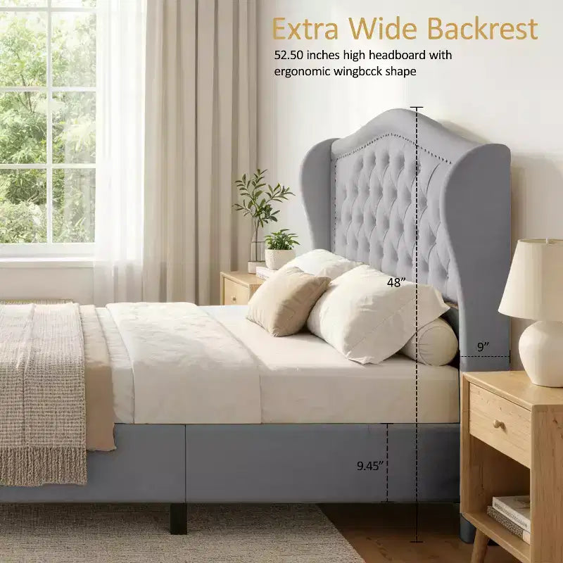 Queen Size Platform Bed Frame, Velvet Upholstered Bed with Deep Button Tufted & Nailhead Trim Wingback Headboard/No Box Spring Needed