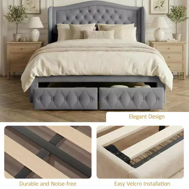 Queen Size Platform Bed Frame, Velvet Upholstered Bed with Deep Button Tufted & Nailhead Trim Wingback Headboard/No Box Spring Needed