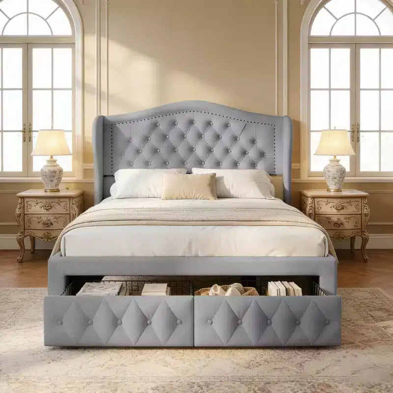 Queen Size Platform Bed Frame, Velvet Upholstered Bed with Deep Button Tufted & Nailhead Trim Wingback Headboard/No Box Spring Needed