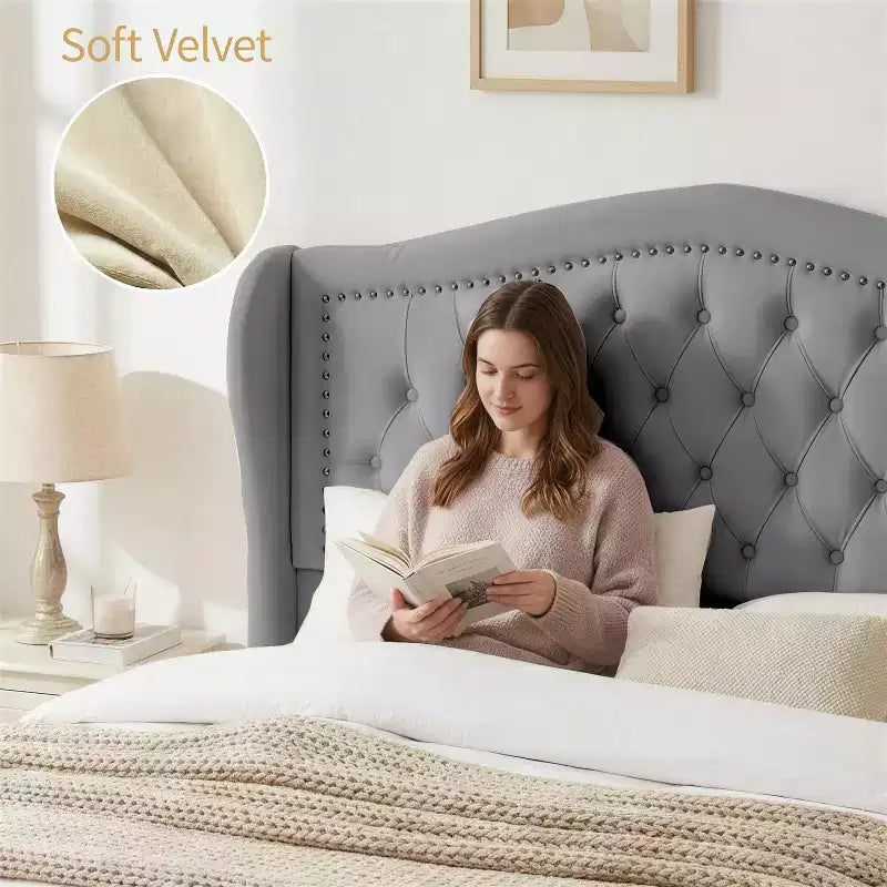 Queen Size Platform Bed Frame, Velvet Upholstered Bed with Deep Button Tufted & Nailhead Trim Wingback Headboard/No Box Spring Needed