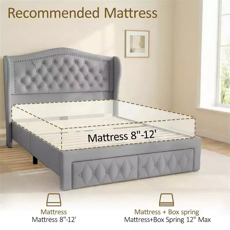 Queen Size Platform Bed Frame, Velvet Upholstered Bed with Deep Button Tufted & Nailhead Trim Wingback Headboard/No Box Spring Needed