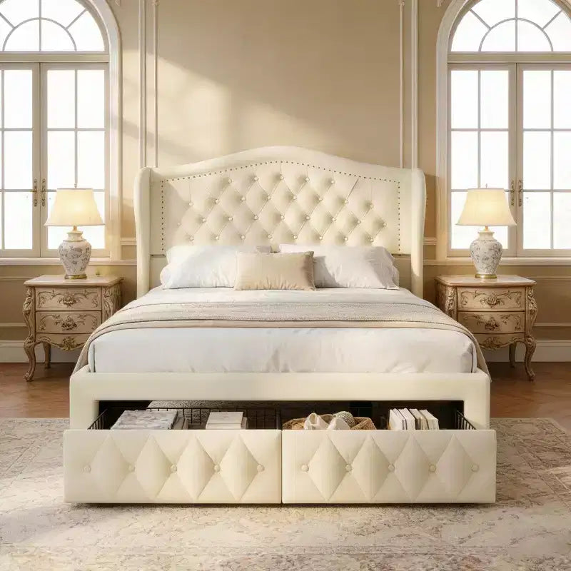 Queen Size Platform Bed Frame, Velvet Upholstered Bed with Deep Button Tufted & Nailhead Trim Wingback Headboard/No Box Spring Needed