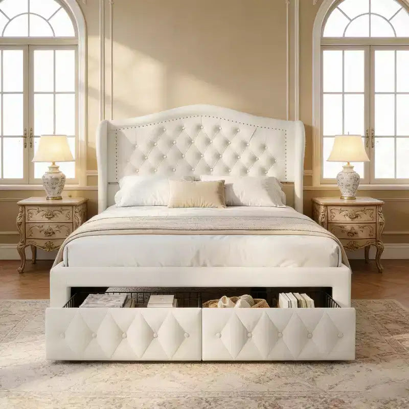 Queen Size Platform Bed Frame, Velvet Upholstered Bed with Deep Button Tufted & Nailhead Trim Wingback Headboard/No Box Spring Needed