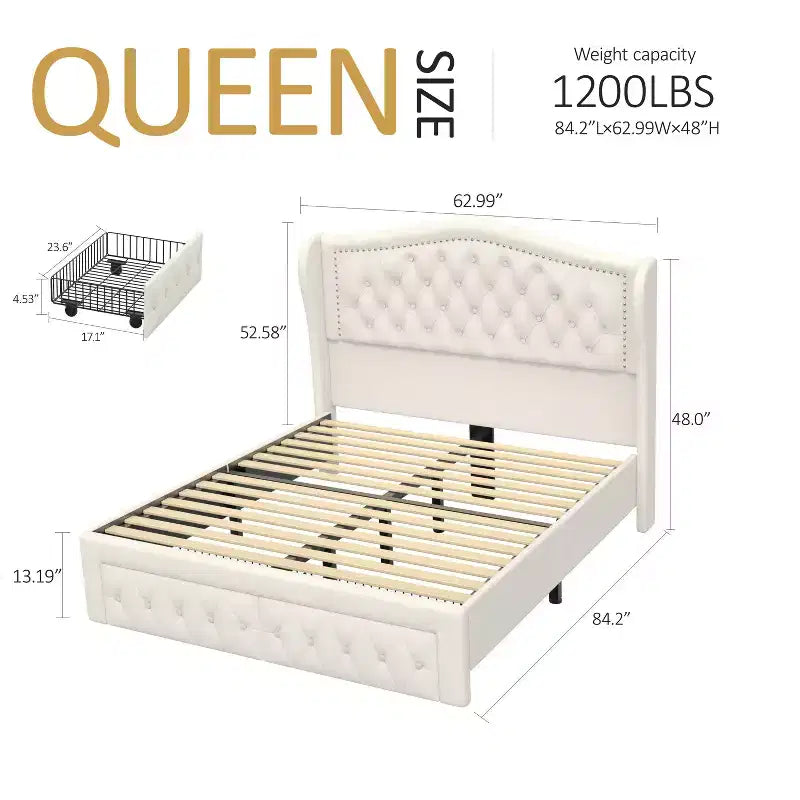 Queen Size Platform Bed Frame, Velvet Upholstered Bed with Deep Button Tufted & Nailhead Trim Wingback Headboard/No Box Spring Needed