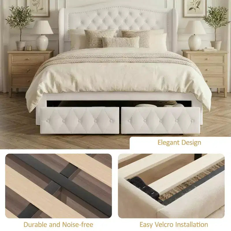 Queen Size Platform Bed Frame, Velvet Upholstered Bed with Deep Button Tufted & Nailhead Trim Wingback Headboard/No Box Spring Needed