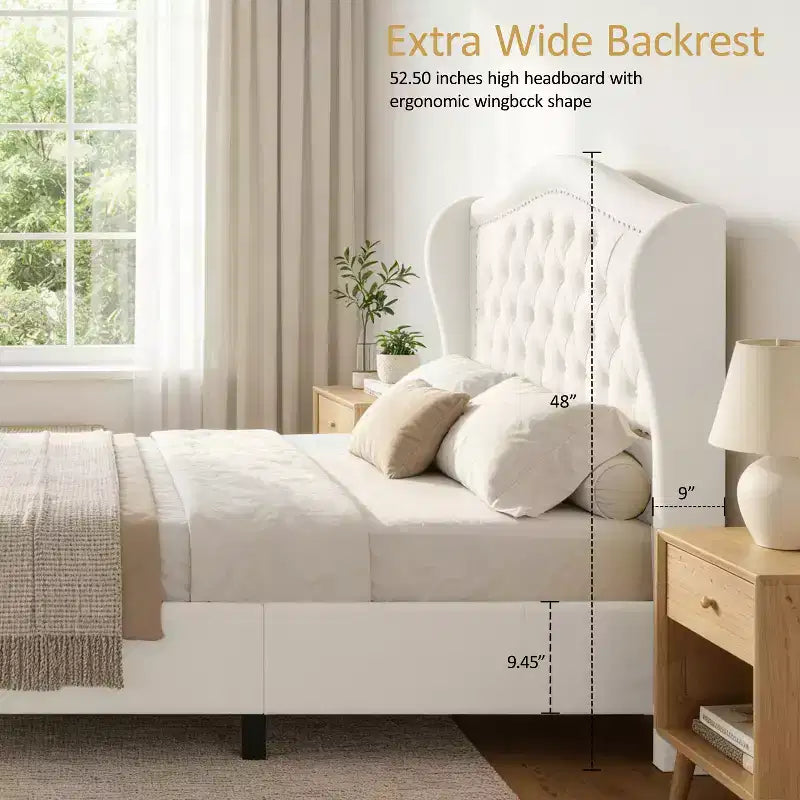 Queen Size Platform Bed Frame, Velvet Upholstered Bed with Deep Button Tufted & Nailhead Trim Wingback Headboard/No Box Spring Needed