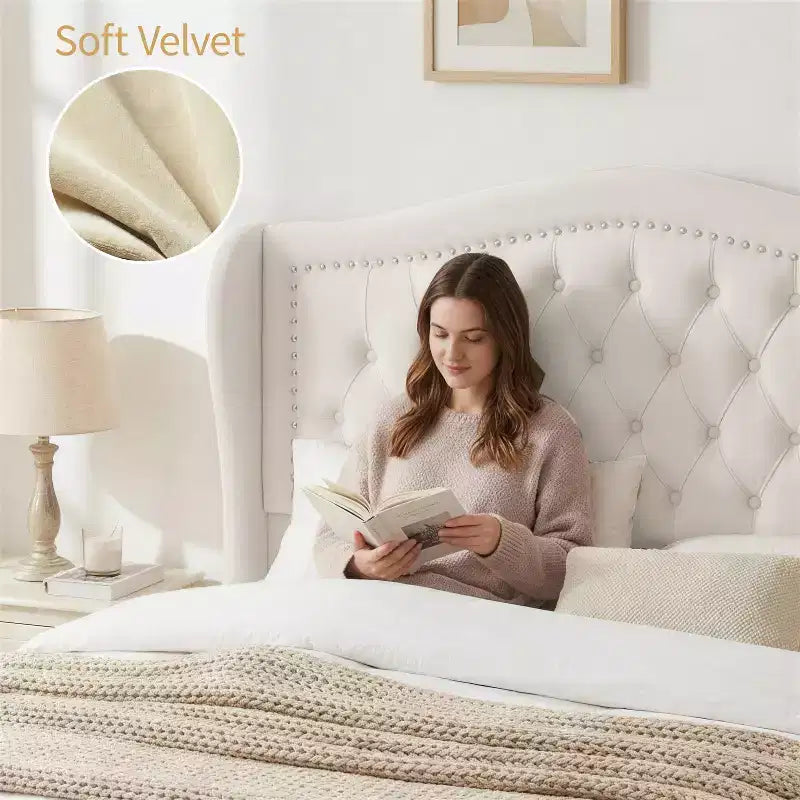 Queen Size Platform Bed Frame, Velvet Upholstered Bed with Deep Button Tufted & Nailhead Trim Wingback Headboard/No Box Spring Needed