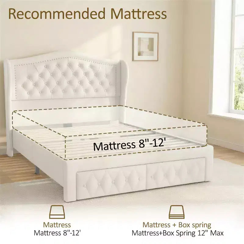 Queen Size Platform Bed Frame, Velvet Upholstered Bed with Deep Button Tufted & Nailhead Trim Wingback Headboard/No Box Spring Needed