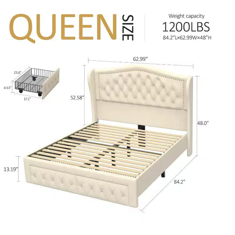 Queen Size Platform Bed Frame, Velvet Upholstered Bed with Deep Button Tufted & Nailhead Trim Wingback Headboard/No Box Spring Needed