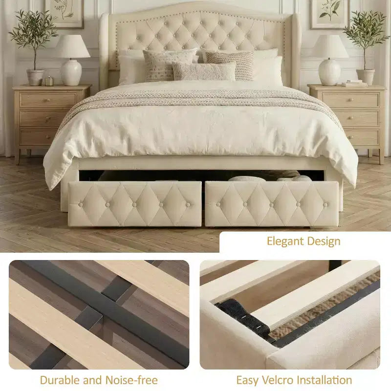 Queen Size Platform Bed Frame, Velvet Upholstered Bed with Deep Button Tufted & Nailhead Trim Wingback Headboard/No Box Spring Needed