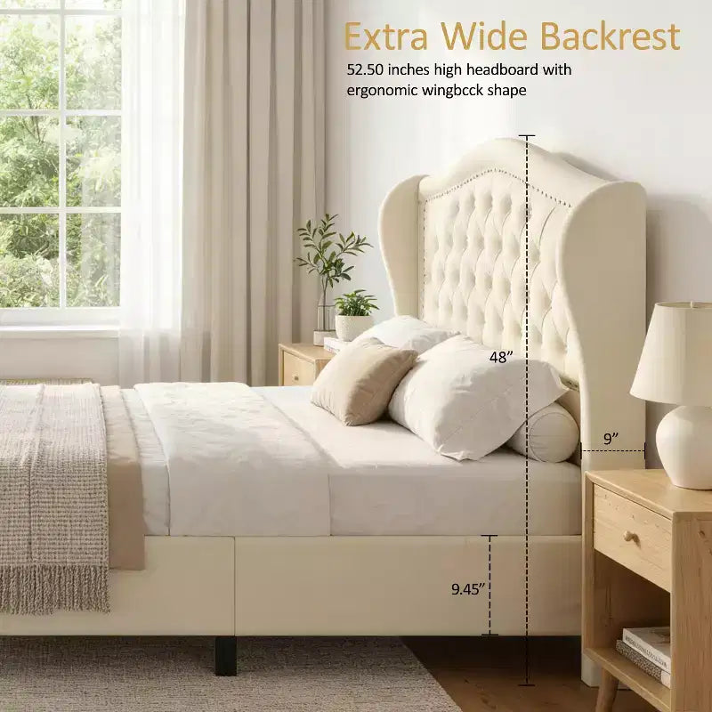 Queen Size Platform Bed Frame, Velvet Upholstered Bed with Deep Button Tufted & Nailhead Trim Wingback Headboard/No Box Spring Needed