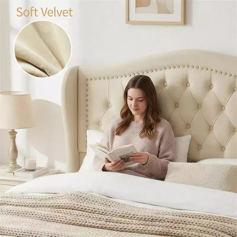 Queen Size Platform Bed Frame, Velvet Upholstered Bed with Deep Button Tufted & Nailhead Trim Wingback Headboard/No Box Spring Needed