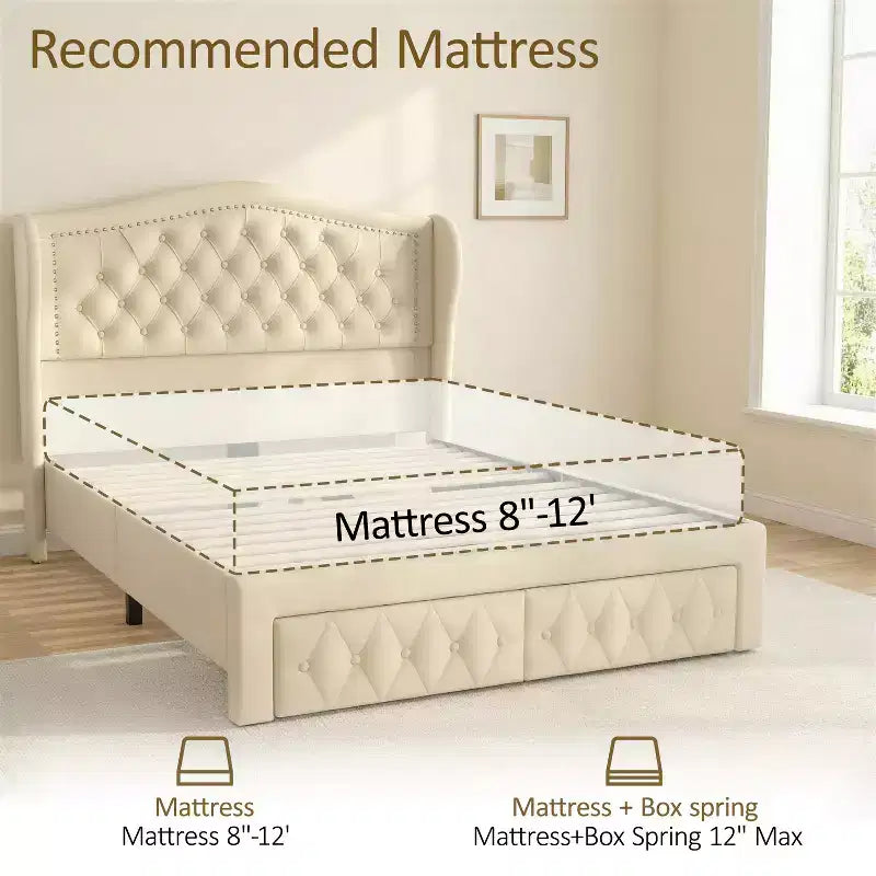 Queen Size Platform Bed Frame, Velvet Upholstered Bed with Deep Button Tufted & Nailhead Trim Wingback Headboard/No Box Spring Needed
