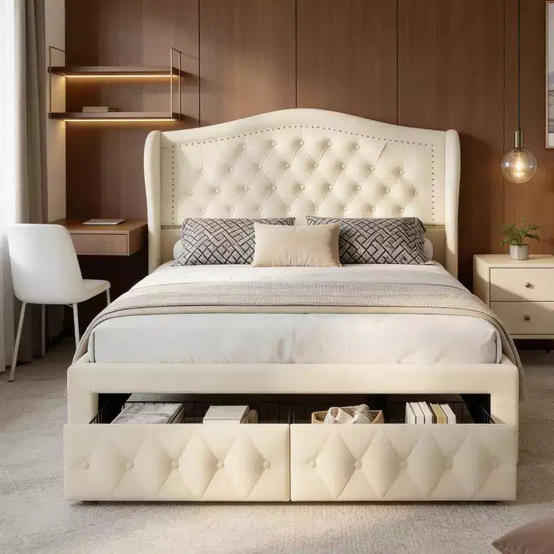 Dyonery Queen Size Platform Bed Frame, Velvet Upholstered Bed with Deep Button Tufted & Nailhead Trim Wingback Headboard/No Box Spring Needed