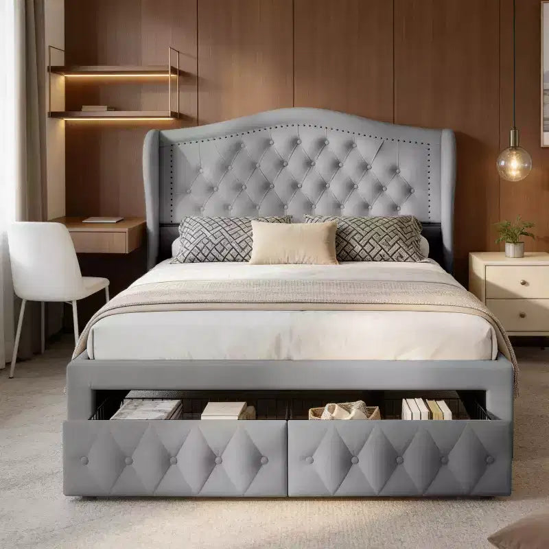 Queen Size Platform Bed Frame, Velvet Upholstered Bed with Deep Button Tufted & Nailhead Trim Wingback Headboard/No Box Spring Needed