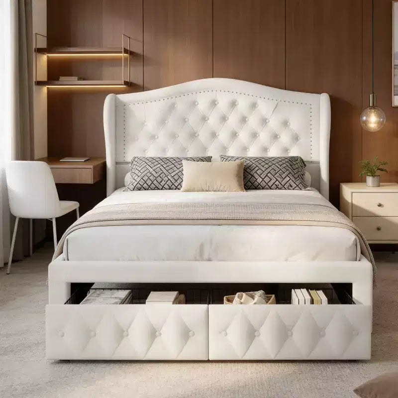 Queen Size Platform Bed Frame, Velvet Upholstered Bed with Deep Button Tufted & Nailhead Trim Wingback Headboard/No Box Spring Needed