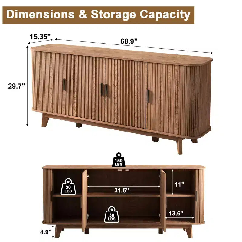 69 Modern Fluted Sideboard Buffet Cabinet - 4-Door Storage with Adjustable Shelves, Stylish Credenza for Dining Room