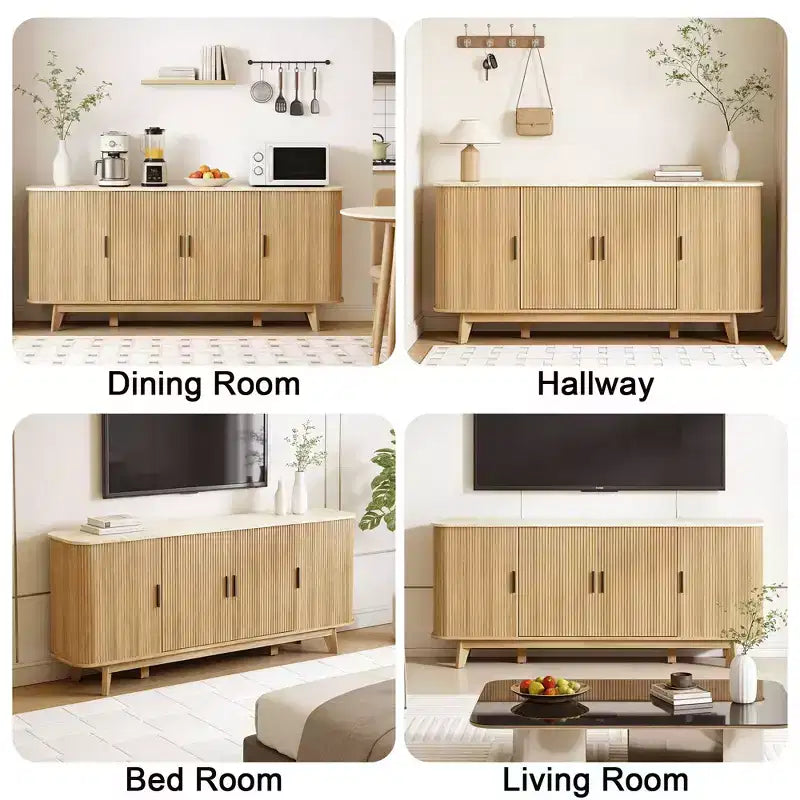 69 Modern Fluted Sideboard Buffet Cabinet - 4-Door Storage with Adjustable Shelves, Stylish Credenza for Dining Room