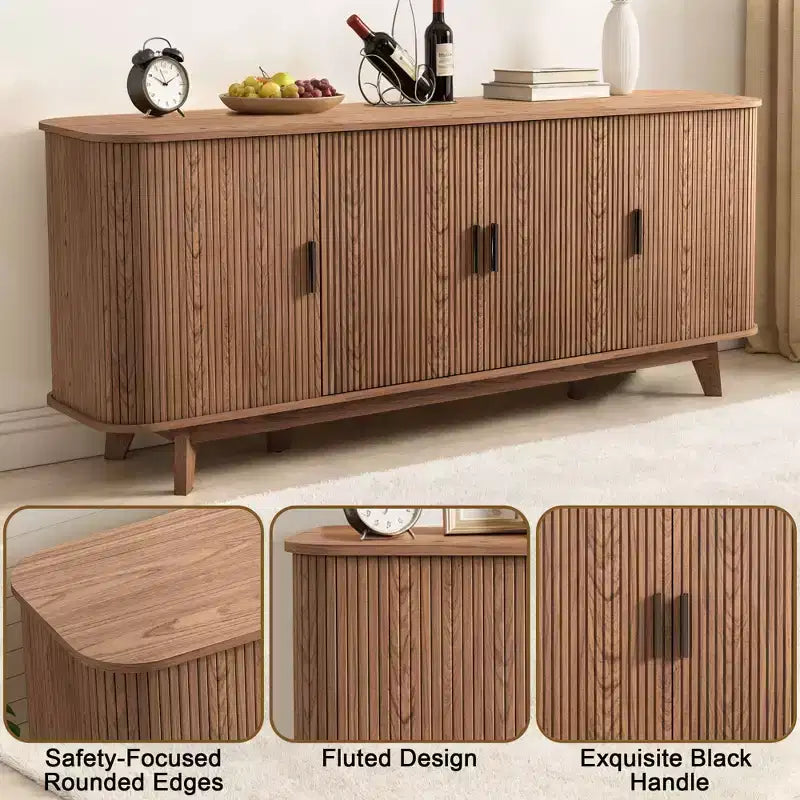 69 Modern Fluted Sideboard Buffet Cabinet - 4-Door Storage with Adjustable Shelves, Stylish Credenza for Dining Room