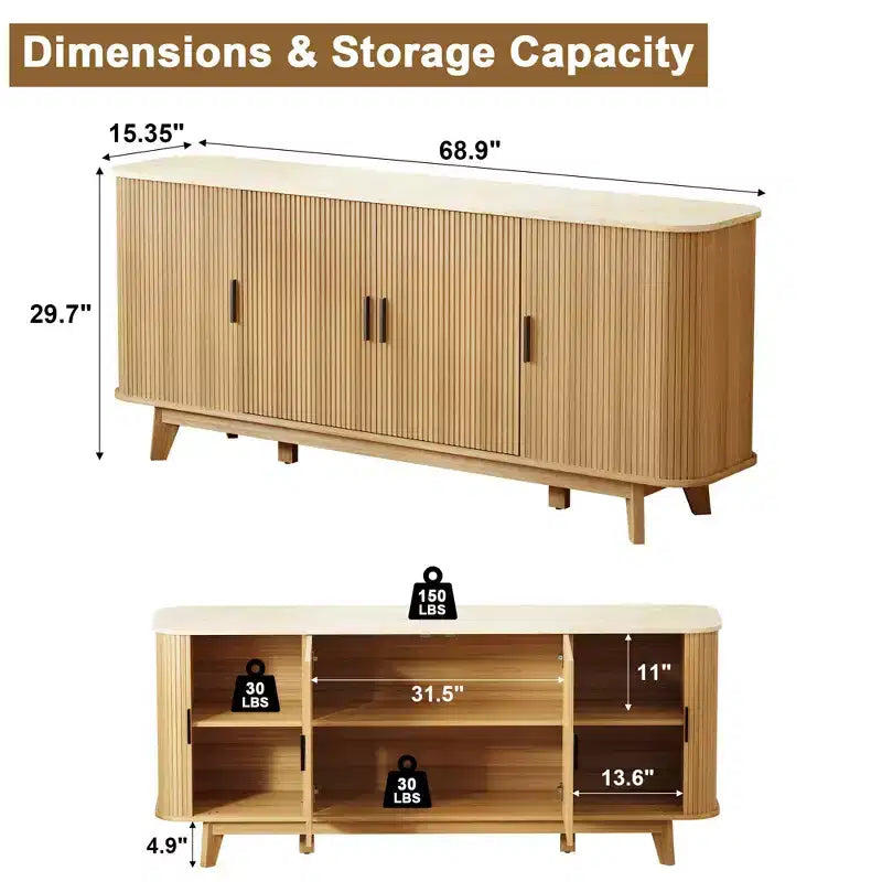 69 Modern Fluted Sideboard Buffet Cabinet - 4-Door Storage with Adjustable Shelves, Stylish Credenza for Dining Room