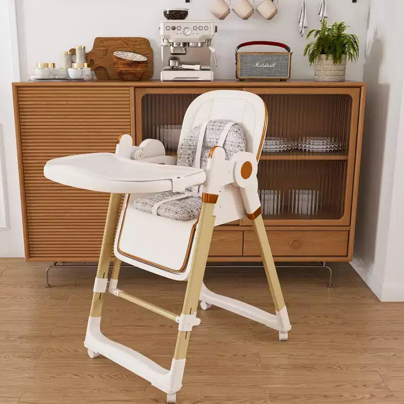 JVNOXK Convertible Baby High Chair/Rocker, Foldable with 5-Point Harness, Featuring Silent Locking Wheels and Removable Double-Layer Tray, White