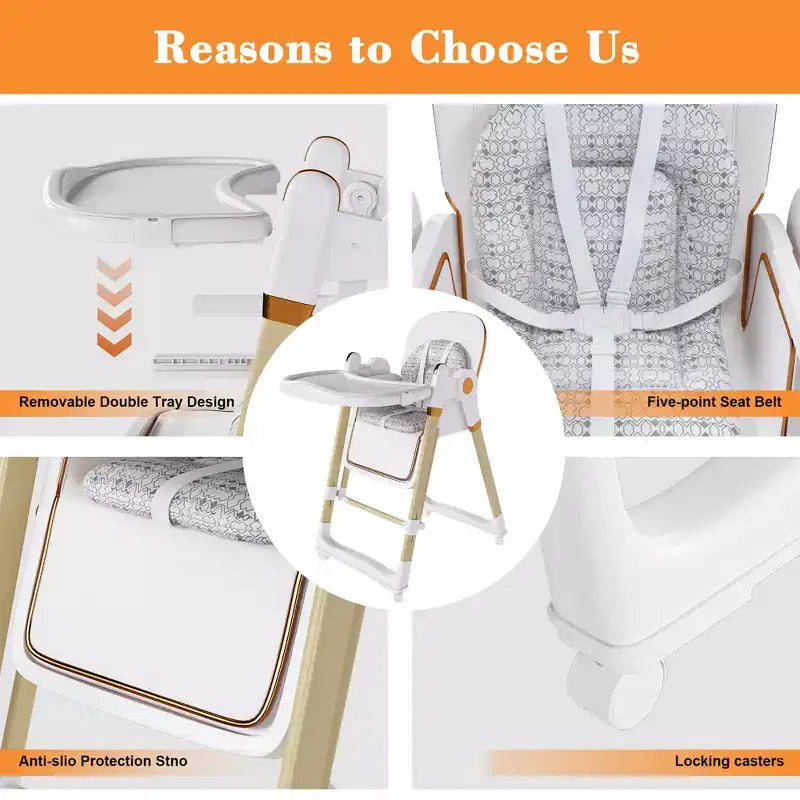 Convertible Baby High Chair/Rocker, Foldable with 5-Point Harness, Featuring Silent Locking Wheels and Removable Double-Layer Tray, White