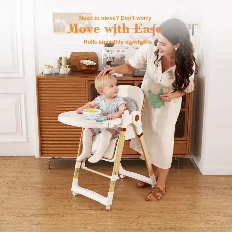 Convertible Baby High Chair/Rocker, Foldable with 5-Point Harness, Featuring Silent Locking Wheels and Removable Double-Layer Tray, White
