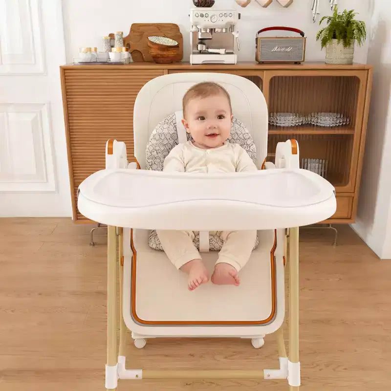 Convertible Baby High Chair/Rocker, Foldable with 5-Point Harness, Featuring Silent Locking Wheels and Removable Double-Layer Tray, White