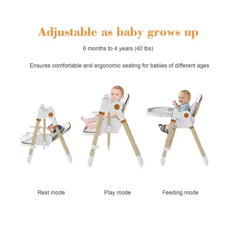 Convertible Baby High Chair/Rocker, Foldable with 5-Point Harness, Featuring Silent Locking Wheels and Removable Double-Layer Tray, White