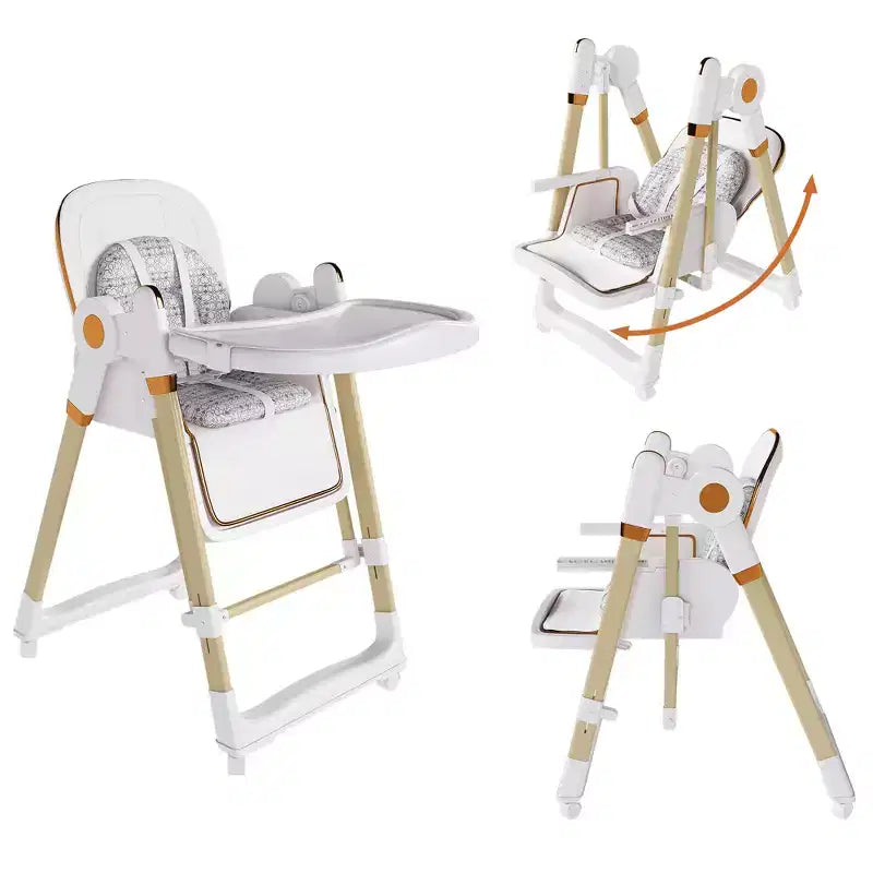 Convertible Baby High Chair/Rocker, Foldable with 5-Point Harness, Featuring Silent Locking Wheels and Removable Double-Layer Tray, White