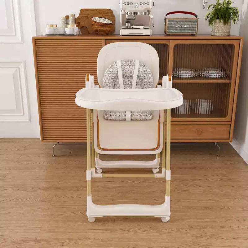 Convertible Baby High Chair/Rocker, Foldable with 5-Point Harness, Featuring Silent Locking Wheels and Removable Double-Layer Tray, White