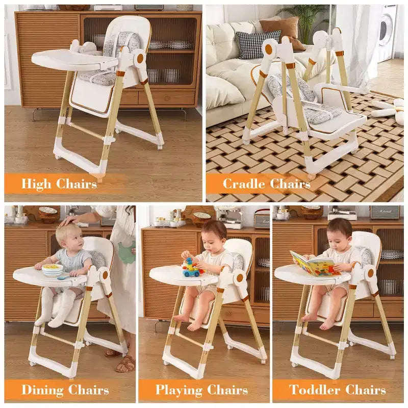 Convertible Baby High Chair/Rocker, Foldable with 5-Point Harness, Featuring Silent Locking Wheels and Removable Double-Layer Tray, White