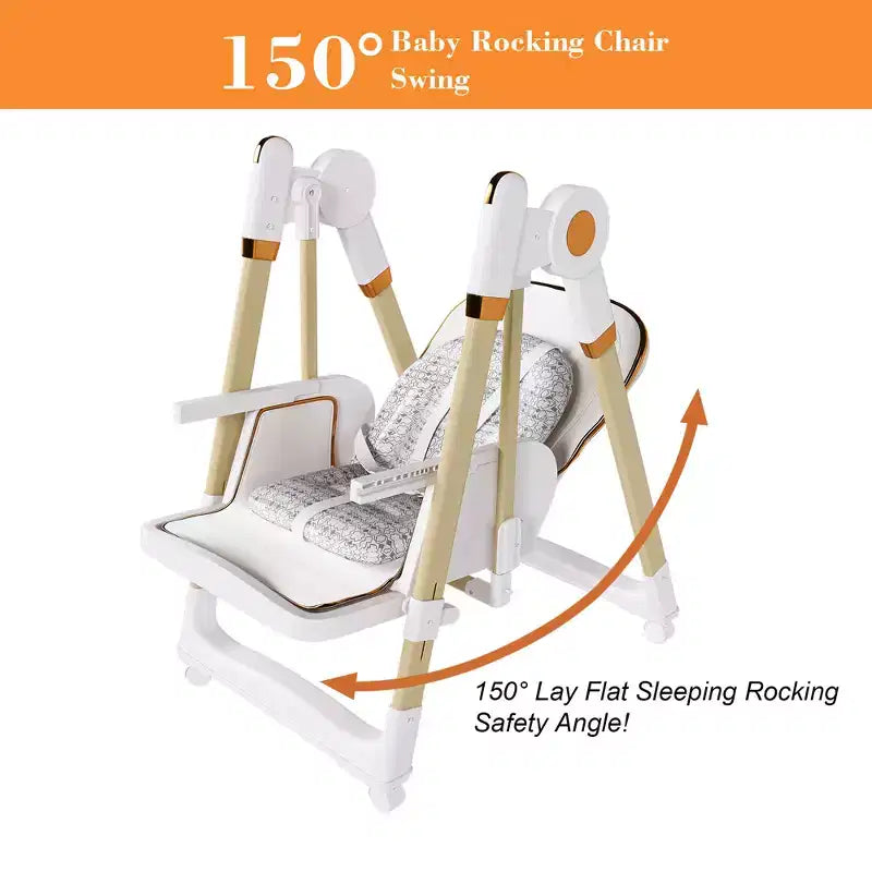 Convertible Baby High Chair/Rocker, Foldable with 5-Point Harness, Featuring Silent Locking Wheels and Removable Double-Layer Tray, White