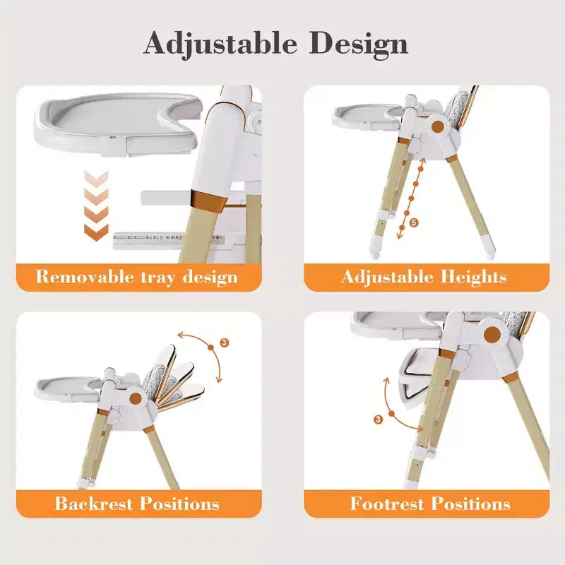 Convertible Baby High Chair/Rocker, Foldable with 5-Point Harness, Featuring Silent Locking Wheels and Removable Double-Layer Tray, White