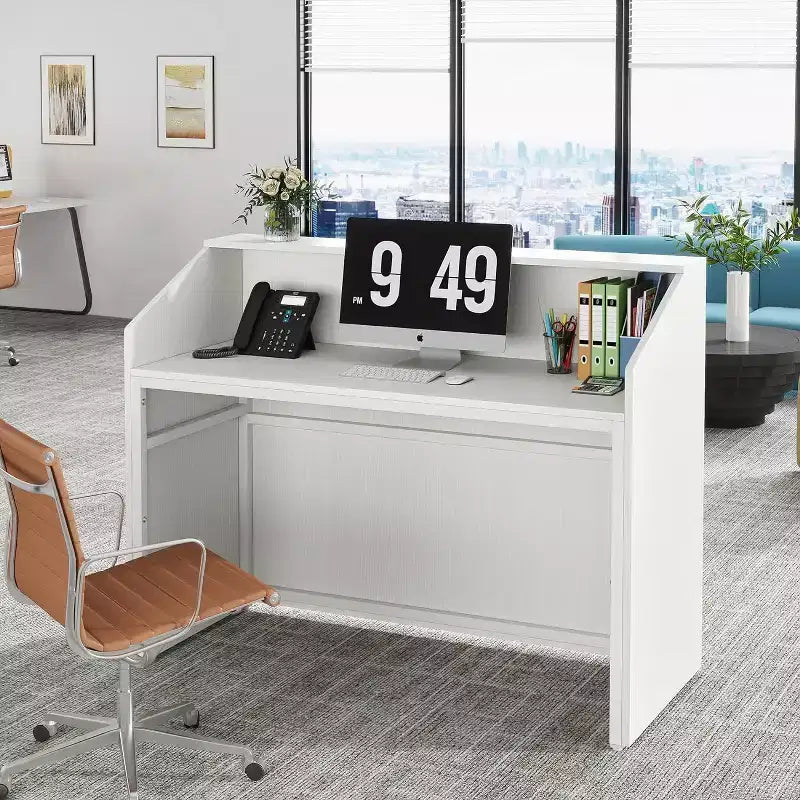47-Inch Reception Desk with Counter, Modern Front Desk with Cable Grommet for Checkout, Lobby, Beauty Salon, Home Office, White