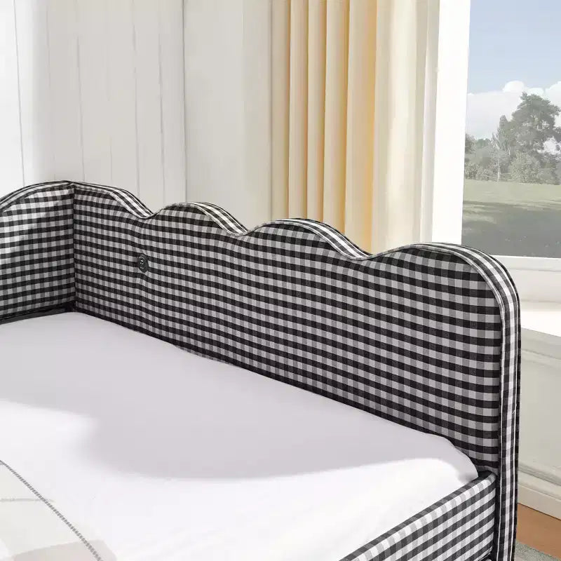 Full Size Gingham Daybed with USB Port & Pull-Out Trundle, Wave Shaped Bed Frame for Bedroom and Living Room.