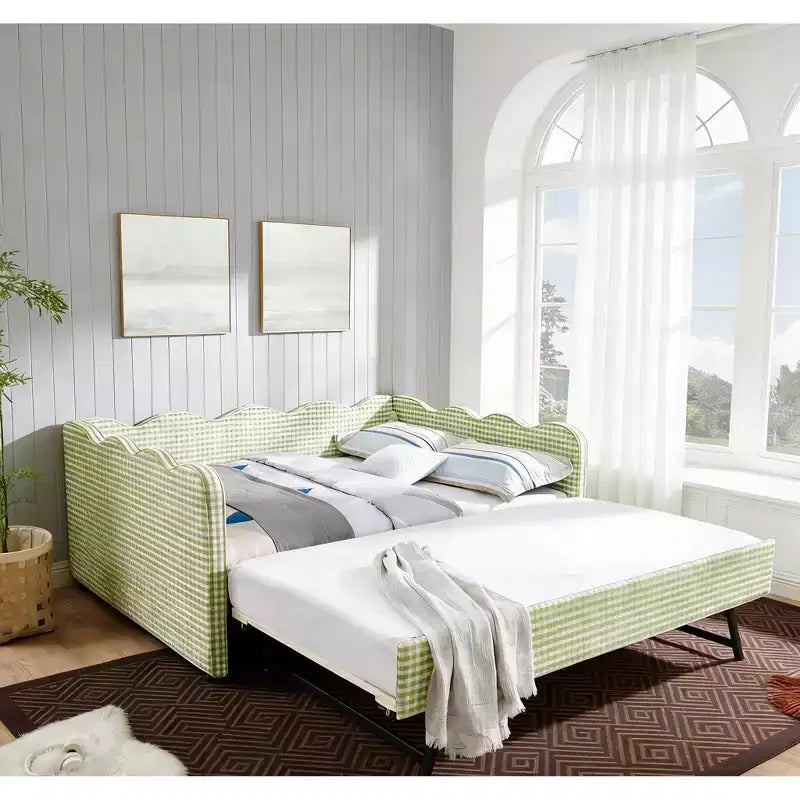 Full Size Gingham Daybed with USB Port & Pull-Out Trundle, Wave Shaped Bed Frame for Bedroom and Living Room.