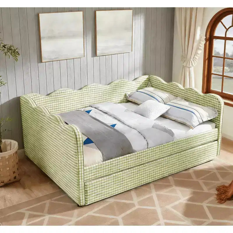 Full Size Gingham Daybed with USB Port & Pull-Out Trundle, Wave Shaped Bed Frame for Bedroom and Living Room.