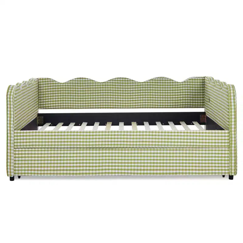 Full Size Gingham Daybed with USB Port & Pull-Out Trundle, Wave Shaped Bed Frame for Bedroom and Living Room.
