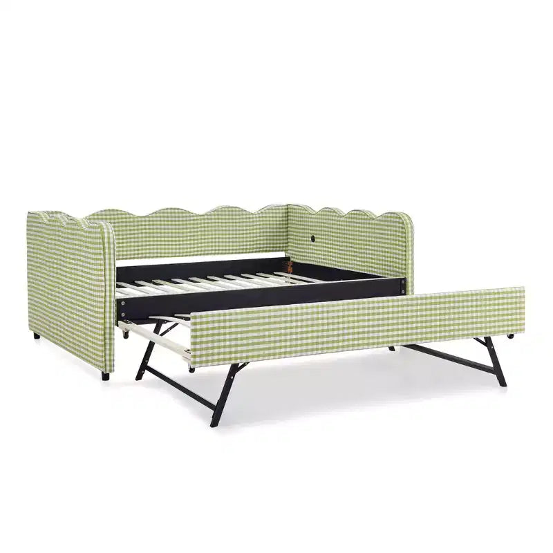 Full Size Gingham Daybed with USB Port & Pull-Out Trundle, Wave Shaped Bed Frame for Bedroom and Living Room.